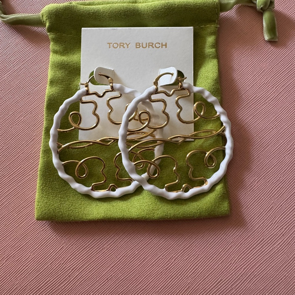 Tory Burch White and Gold Hoop Earrings
